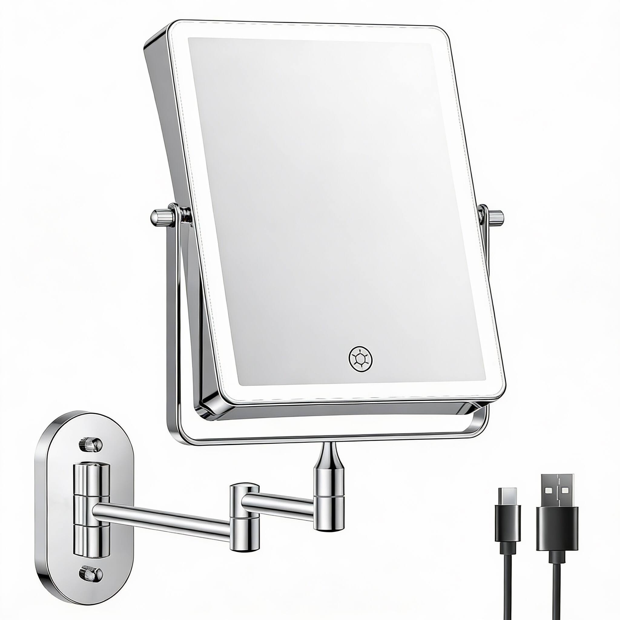 Left. METALTON - Rechargeable Wall Mounted Makeup Mirror Double Sided Touch Rectangle Magnifying Color Setting Extended Arm - 10x Nickel.