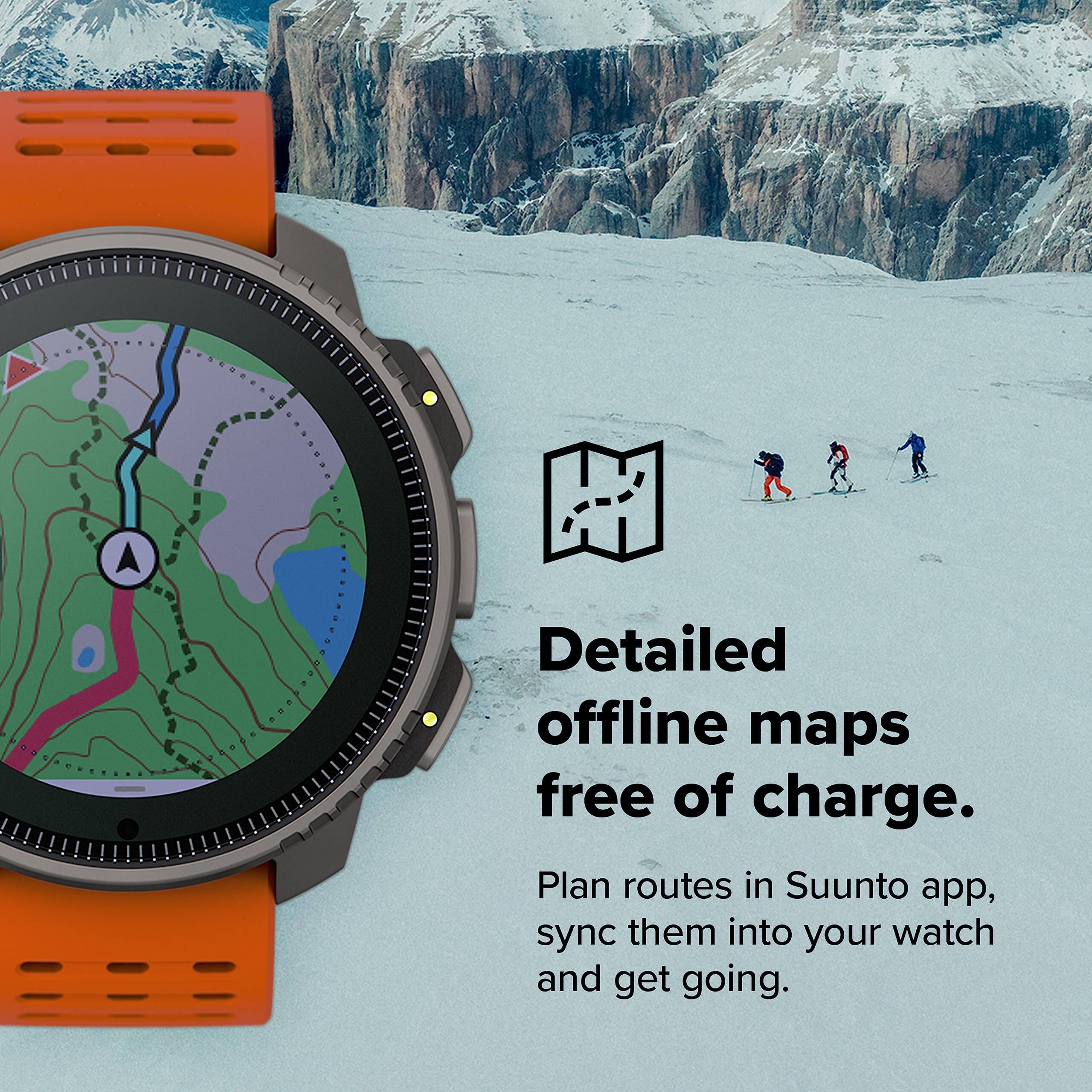 Detailed offline maps free of charge.  
Plan routes in Suunto app, sync them into your watch and get going.