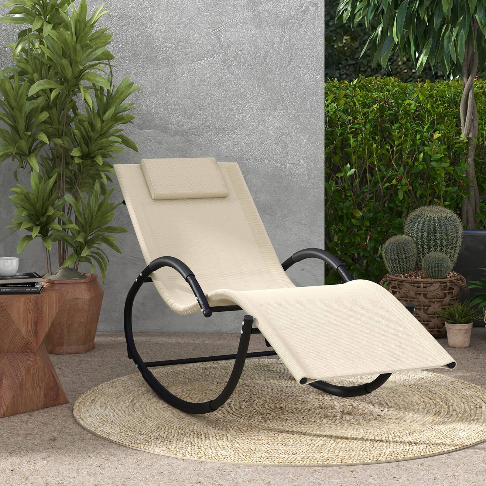 Alt View 1. Costway - Costway 1 PCS Outdoor Rocking Lounge Chair with Removable Headrest Breathable Backrest & Seat Beige - White.