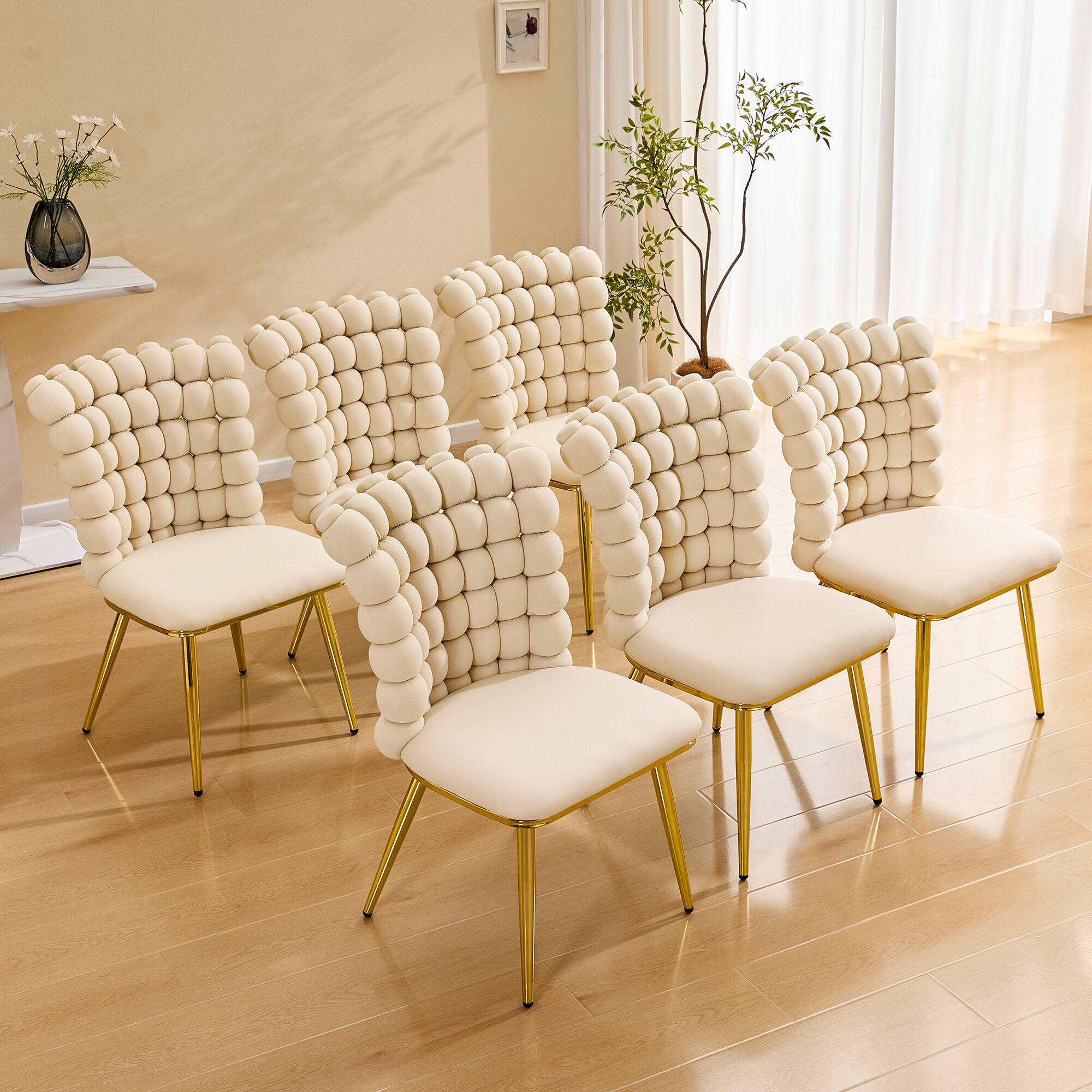 Alt View 2. Loheer - Loheer Cream Dining Chairs 3.0 ft Tufted Velvet Accent Chair with Gold Metal Legs, Bubble Back Side Chair - Beige,Gold.