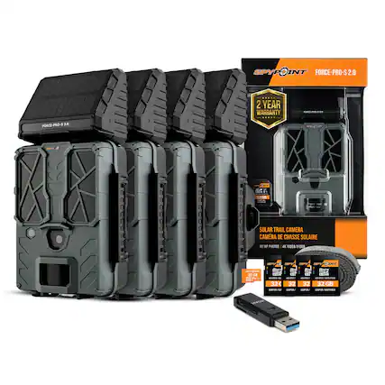 SPYPOINT FORCE-PRO-S 2.0
2 YEAR WARRANTY
SOLAR TRAIL CAMERA
CAMERA DE CHASSE SOLAIRE
48 MP PHOTOS | 4K VIDEO
32 GB SD CARD
ADAPTERS (32)
SPYPOINT FORCE-PRO-S 2.0