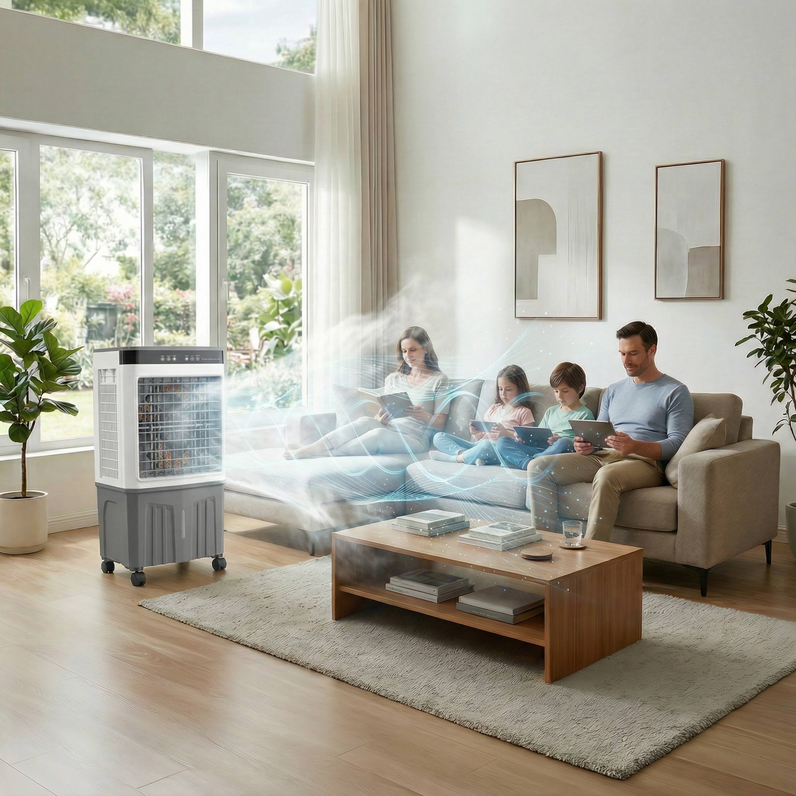 The image shows a modern living room with a family sitting on a couch. There is a portable air cooler emitting mist in the room. The family consists of a man, a woman, and two children, all engaged with tablets. The room has large windows, a wooden coffee table, and some plants.