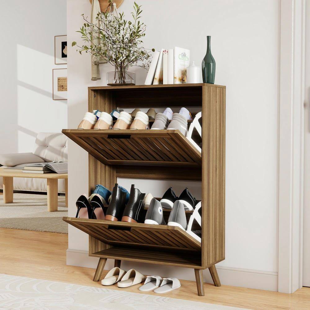 Alt View 9. Kadyn - Resenkos 23.6-Inch Modern Shoe Storage Cabinet with Adjustable Louvered Doors - Walnut - Brown.