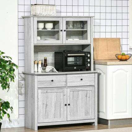 Front. Kadyn - 63.5" Kitchen Buffet & Hutch with Glass Doors, Shelves, and Drawers, Ash Grey - Gray.