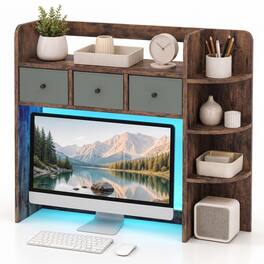Costway - Desktop Bookshelf, Countertop Hutch Organizer with LED Lights, 5-Tier Shelves - Rustic Brown
