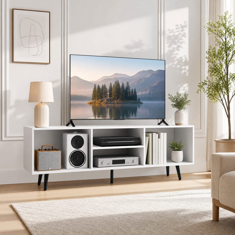 WELLFOR - Modern TV Stand for 55-Inch TV, Wood Entertainment Center Media Console Cabinet with Compartments and Metal Legs - White