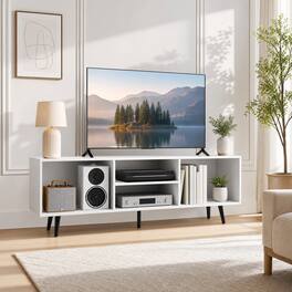 WELLFOR - Modern TV Stand for 55-Inch TV, Wood Entertainment Center Media Console Cabinet with Compartments and Metal Legs - White