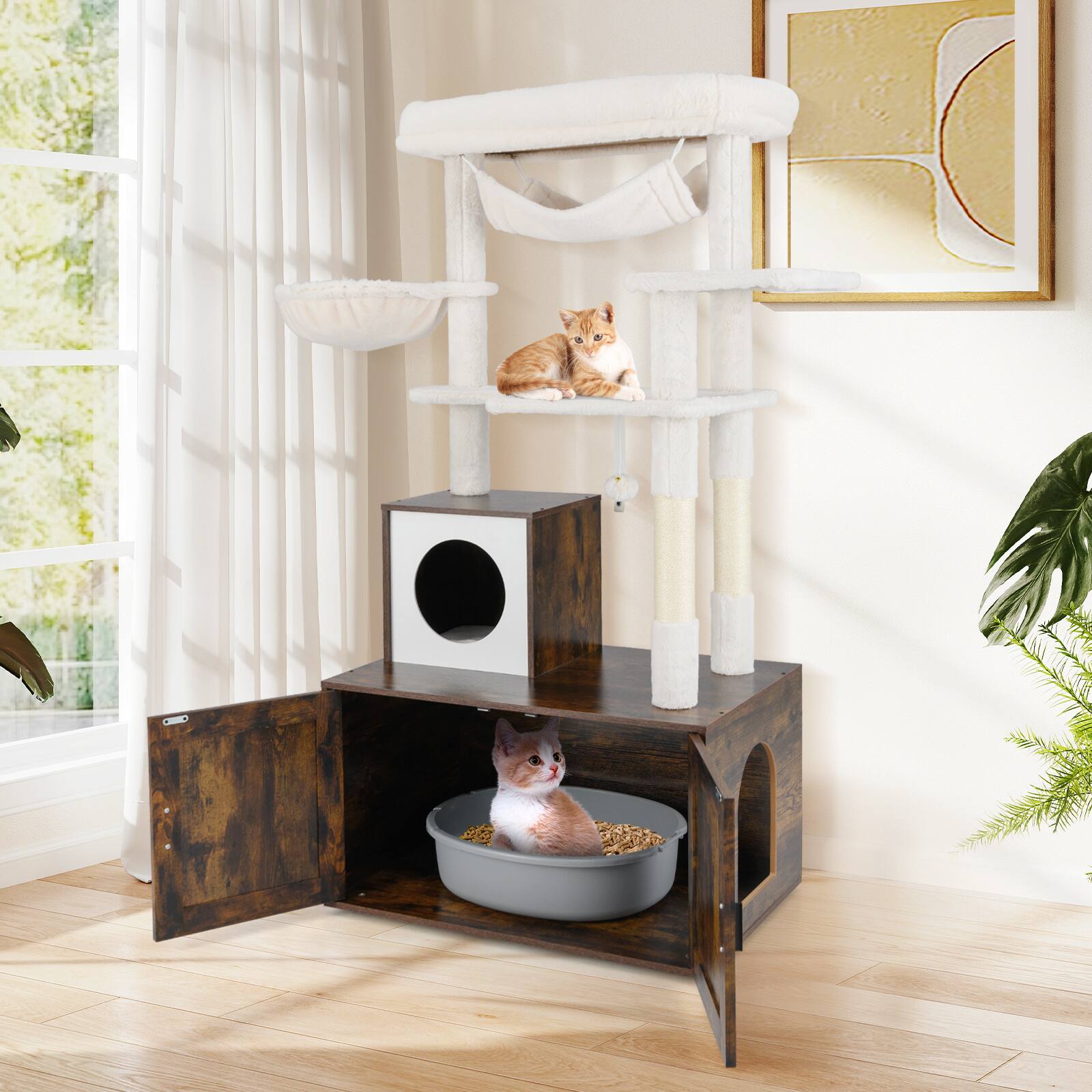 Alt View 3. Gymax - Gymax 59 inch Cat Tree w/ Litter Box Enclosure w/ Hidden Washroom Scratching Posts - GYM18074.