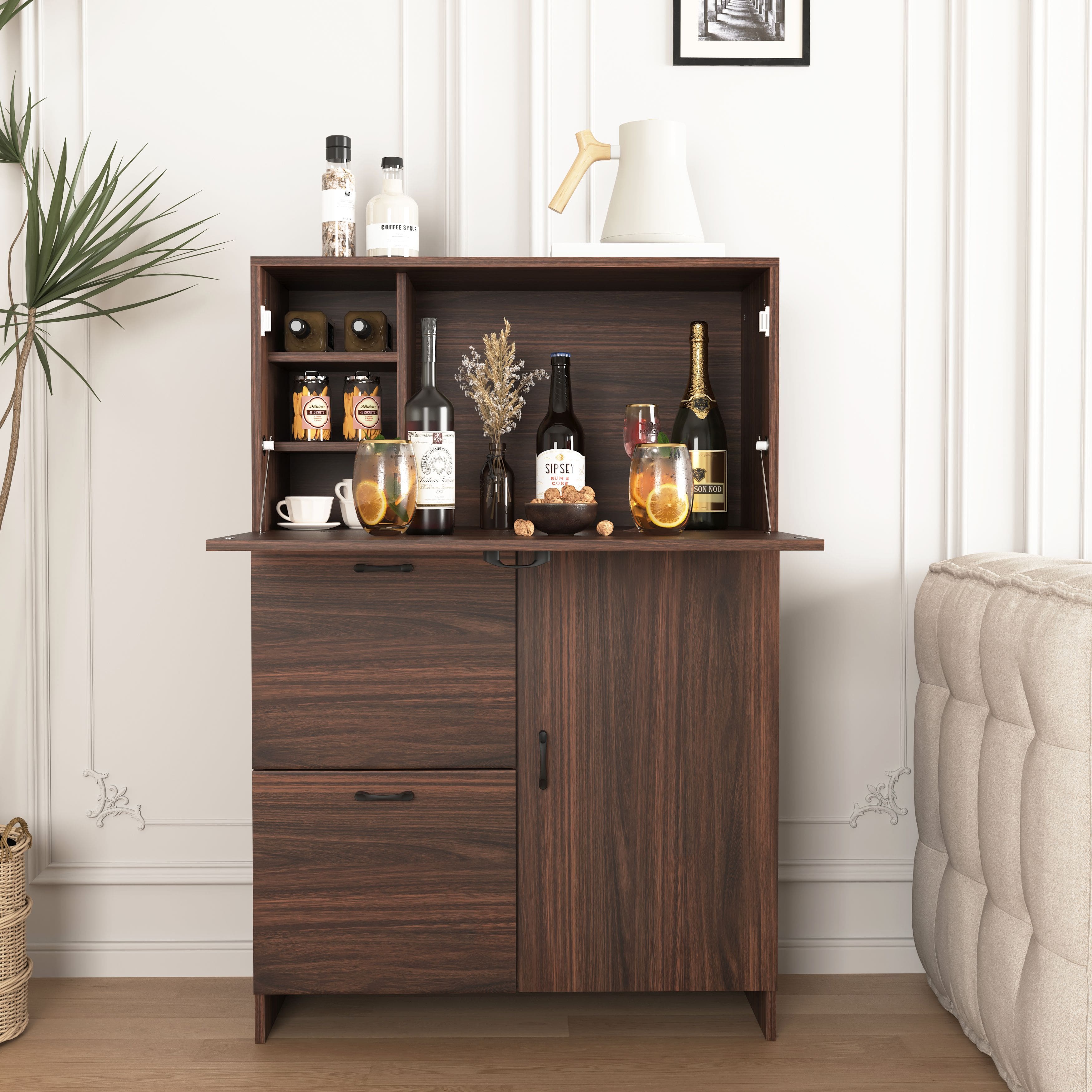 Mirfee - Bar Cabinet with Storage Drawer, Shelves, Fold-up Desktop, for Home Dormitory - Walnut