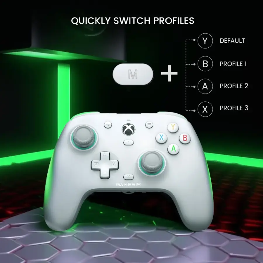 Quickly switch profiles: Y (Default) + M (Profile 1) + X (Profile 2) + B (Profile 3)