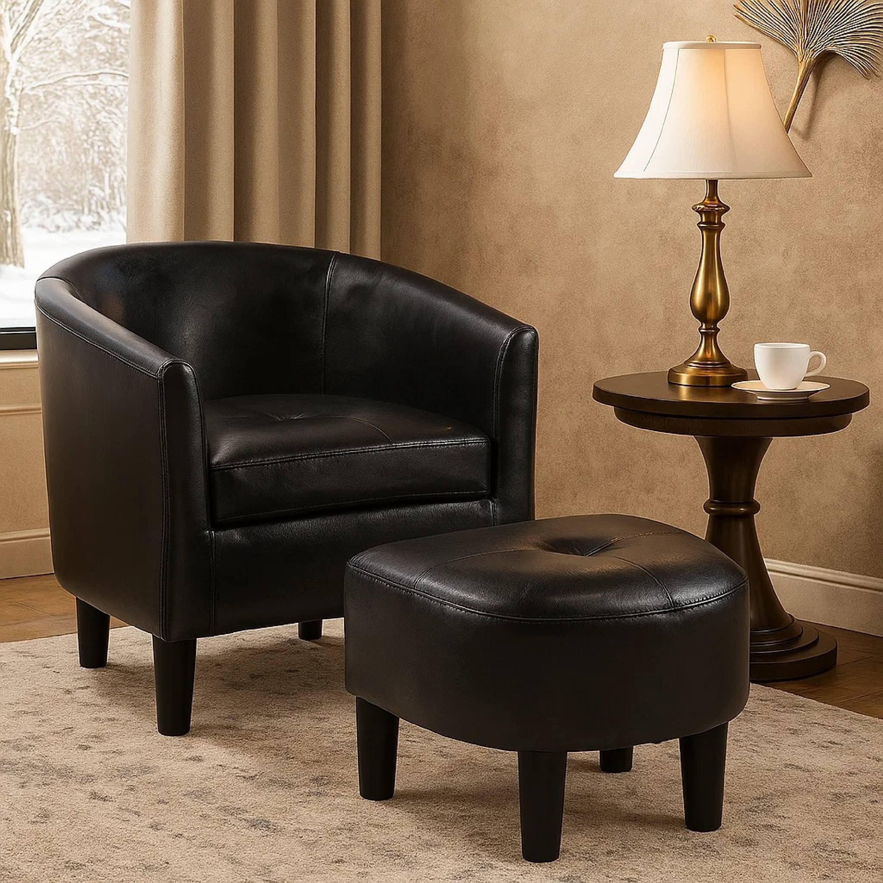 Alt View 2. Manhattan Lane - 2pc Accent Chair and Ottoman Set, Black Faux Leather, Foam Cushions - Black.