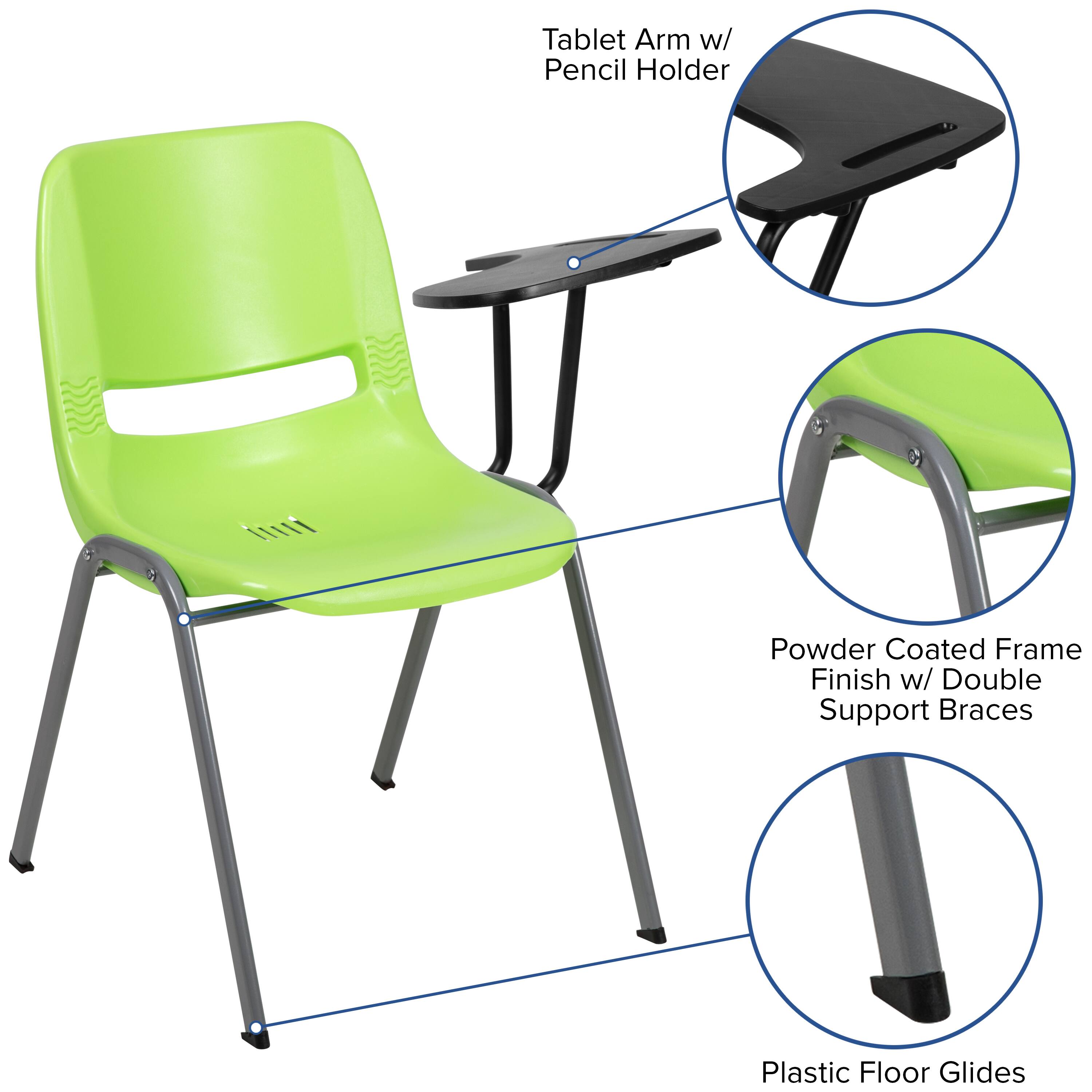 Tablet Arm w/ Pencil Holder  
Powder Coated Frame Finish w/ Double Support Braces  
Plastic Floor Glides