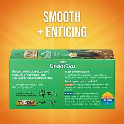 **SMOOTH + ENTICING**

**Pure Green Tea**

Experience the time-honoured tradition of pure green tea. A smooth tea with a fresh taste. Feel your finest, one sip at a time.

**What does it taste like?**
A smooth tea with a fresh taste. Featuring a bright, honey-yellow colour in your cup with an enticing aroma.

**Want tips on how to make it?**

**Hot Tea:**
Pour boiling water, cooled slightly for a few minutes, over tea bag. Steep for 2 minutes, remove & enjoy!

**Iced Tea:**
Fill half a pitcher with boiling water, cooled slightly for a few minutes, steep 4 tea bags 2 minutes, remove, add ice to desired strength. Or use 1 tea bag in a heat-resistant glass. Enjoy immediately.

"At Twinings, We Believe in Living Well and Enjoying Life."

**TWININGS**
Drink in Life

**100 Generation Twinings Family**

**DRINK HOT OR ICED**