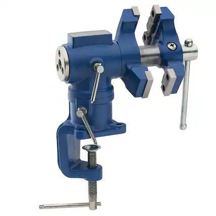 Front. Kings County Tools - Bench Vise with Rotating Jaws - Blue and Silver.