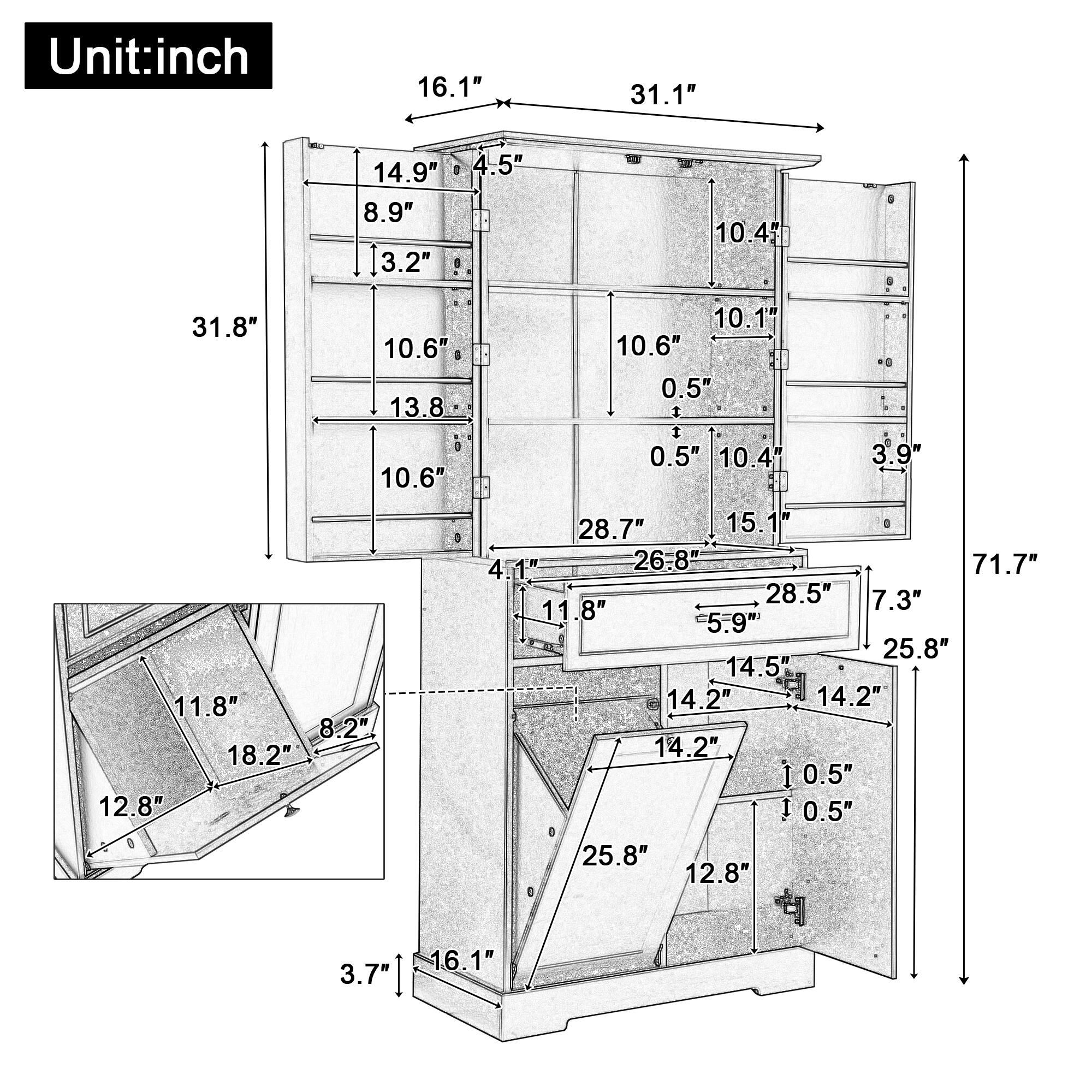 Unit: inch

- 16.1"
- 31.1"
- 14.9"
- 4.5"
- 8.9"
- 3.2"
- 10.4"
- 31.8"
- 10.6"
- 13.8"
- 10.1"
- 0.5"
- 10.6"
- 0.5"
- 10.4"
- 3.9"
- 11.8"
- 8.2"
- 18.2"
- 12.8"
- 28.7"
- 15.1"
- 4.1"
- 26.8"
- 71.7"
- 28.5"
- 7.3"
- 11.8"
- 5.9"
- 25.8"
- 14.5"
- 14.2"
- 14.2"
- 14.2"
- 10.5"
- 10.5"
- 25.8"
- 1
