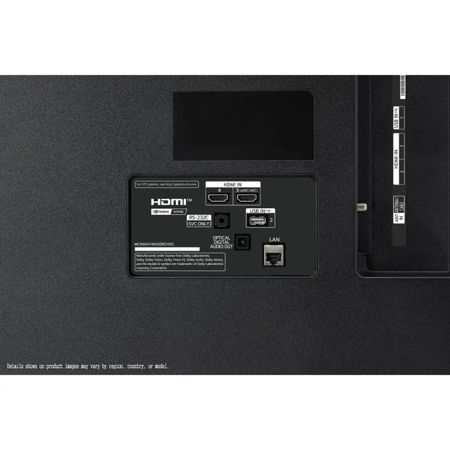 The text on the image reads: "HDMI IN 4 3 ARCARL USB IN m 2 WMAEINY CAALE INV IN MA/450REVIE OPTICAL DIGITAL AUDIO OUT LAN wcfaoras d Scansa from Lety Latoratorias Say Conttry Visin Cado V  Dolle Audic Doby Aamars nd The Sds . symbol - marmarts of Duley Laboratories icansing Corporation Details shown on product Inages say vary by region. country. or model."
