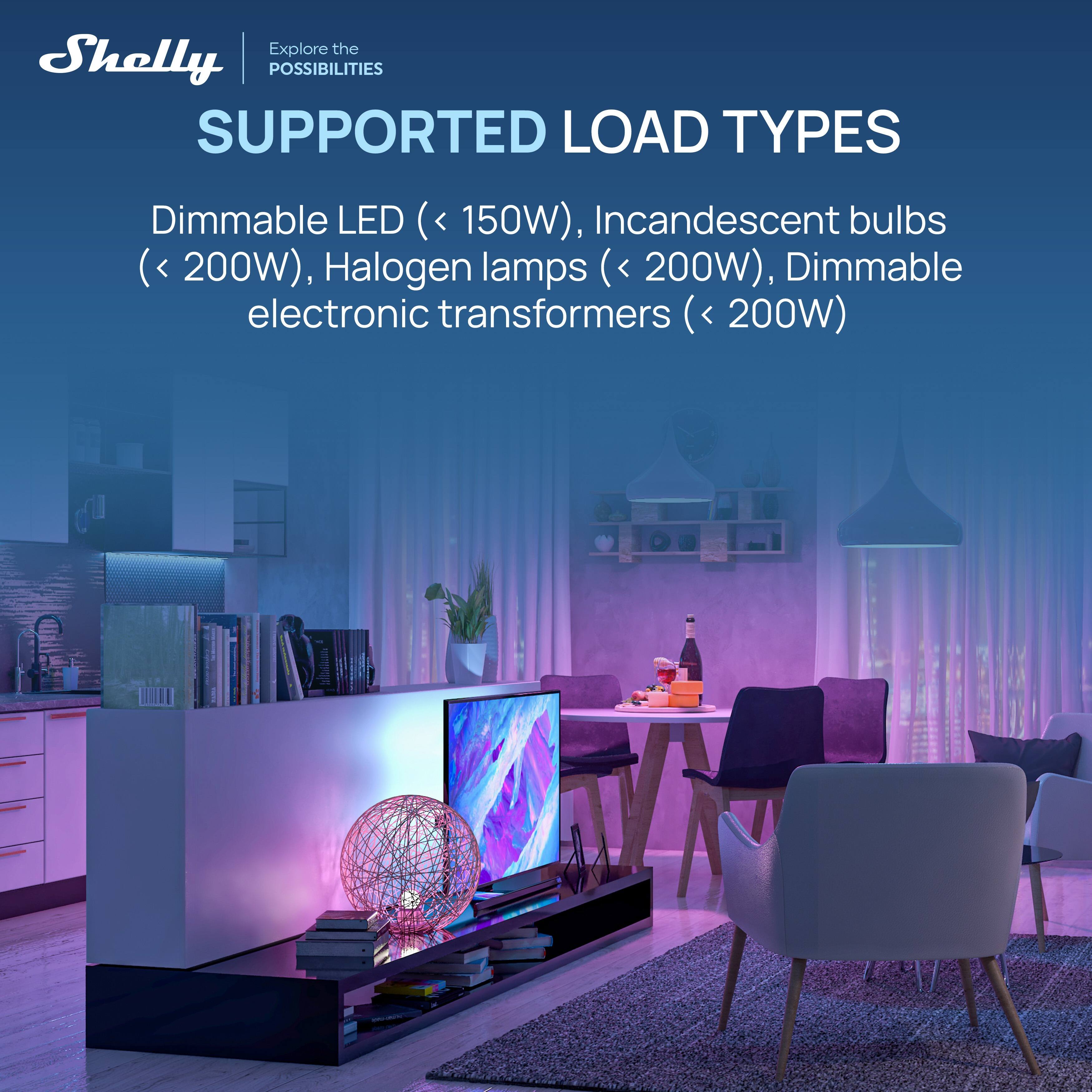 Explore the Shelly POSSIBILITIES SUPPORTED LOAD TYPES Dimmable LED (< 150W), Incandescent bulbs (< 200W), Halogen lamps (< 200W), Dimmable electronic transformers (< 200W)
