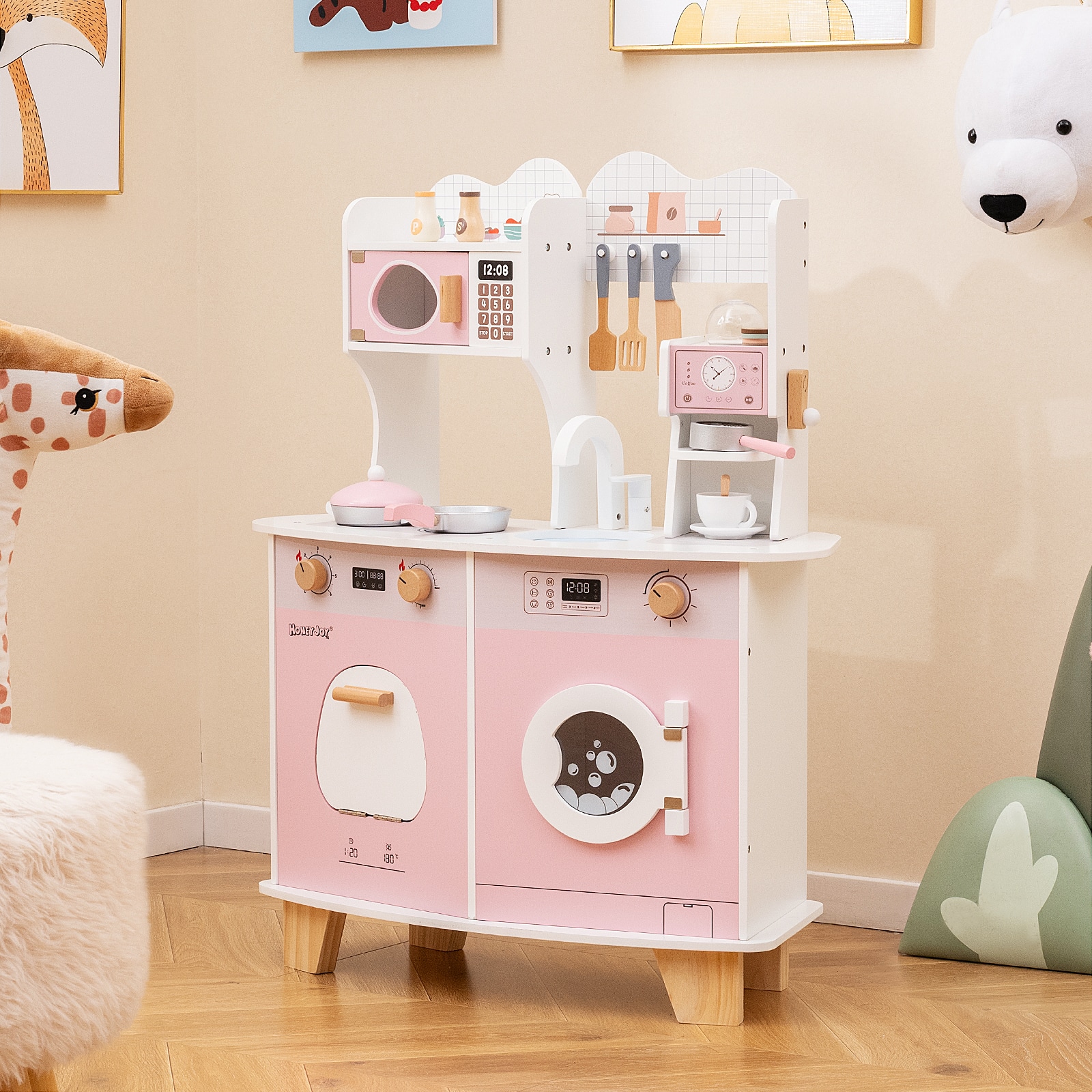 SlickBlue - Wooden Play Kitchen for Kids with Coffee Maker and Pretend Cooking Fun - Pink