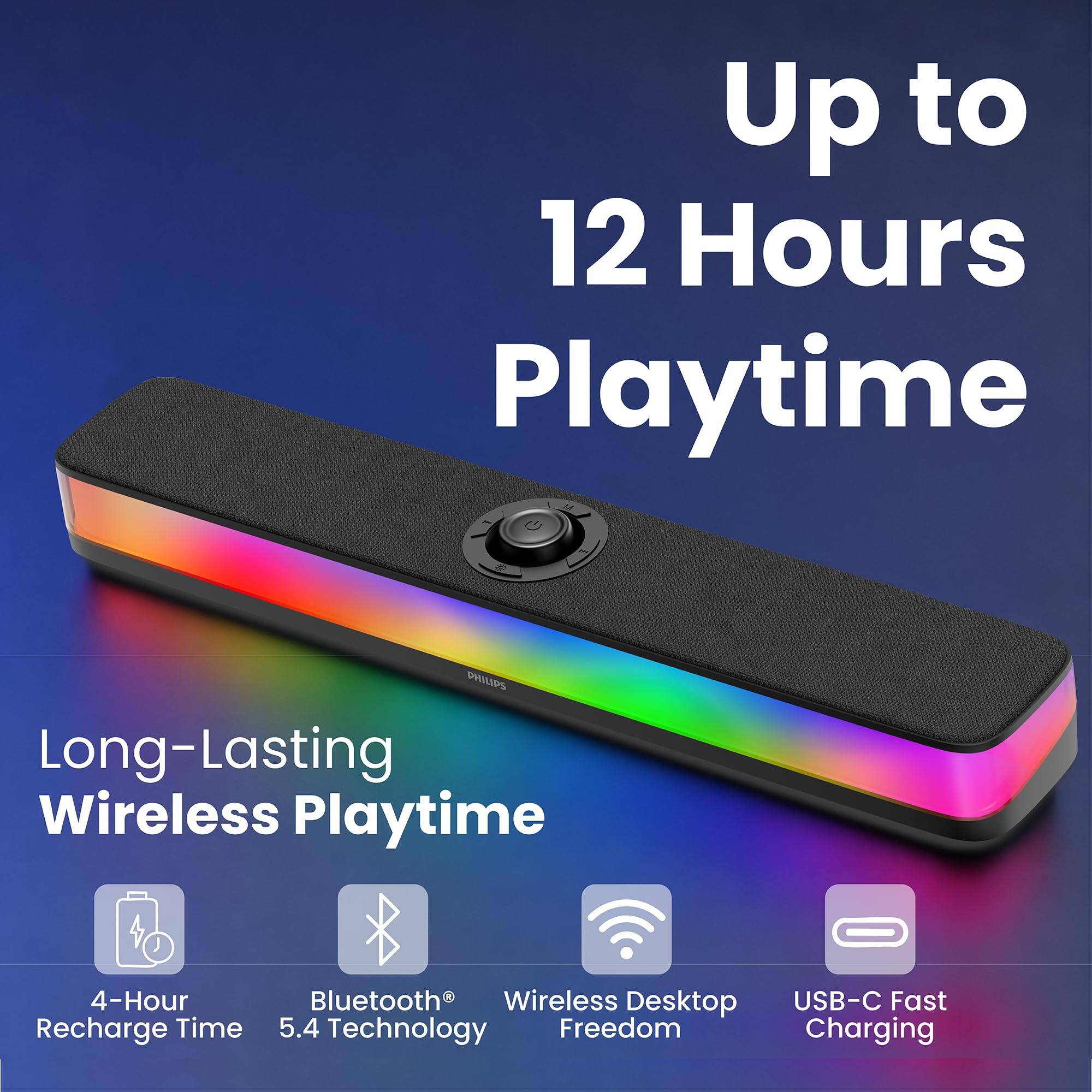 Up to 12 Hours Playtime

PHILIPS Long-Lasting Wireless Playtime

4-Hour Recharge Time

Bluetooth® 5.4 Technology

Wireless Desktop Freedom

USB-C Fast Charging