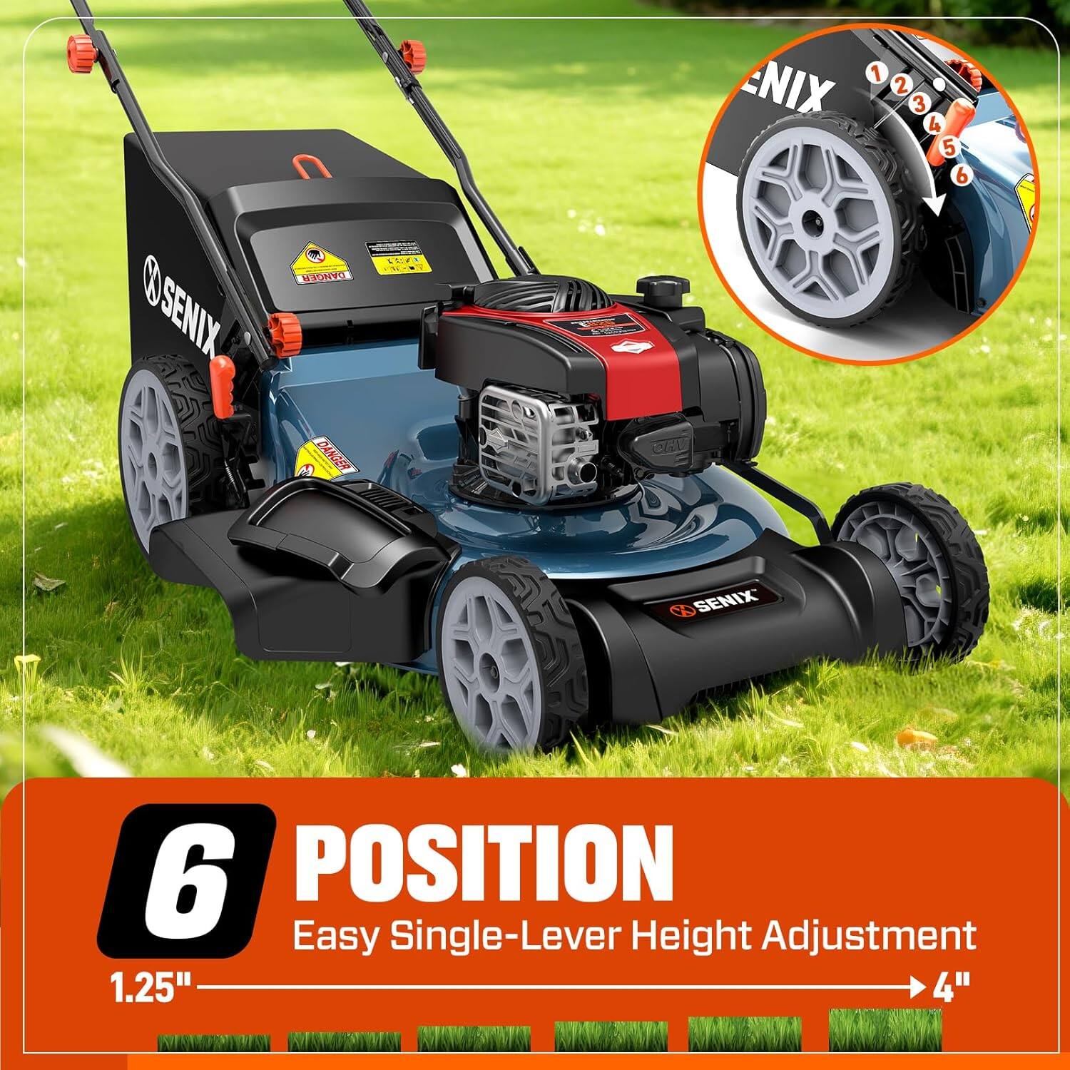 1 NIX 2 3 4 5 6  
SENIX - NYOHA  
DANGER W7H  
SENIX  
6 POSITION  
Easy Single-Lever Height Adjustment  
1.25" - 4"