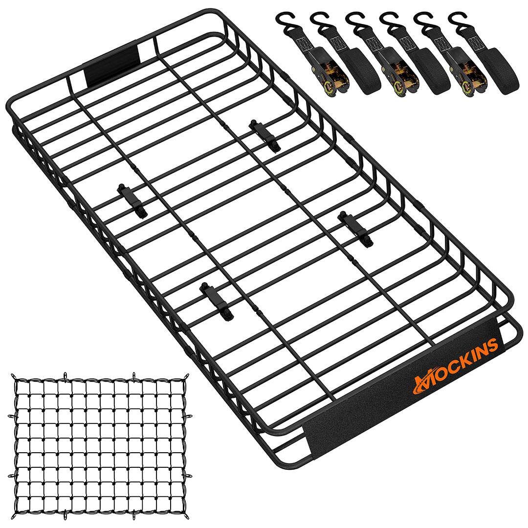 Front. Mockins - 84 in. x 39 in. x 6 in. Extendable Rooftop Cargo Carrier with Cargo Net and Straps.