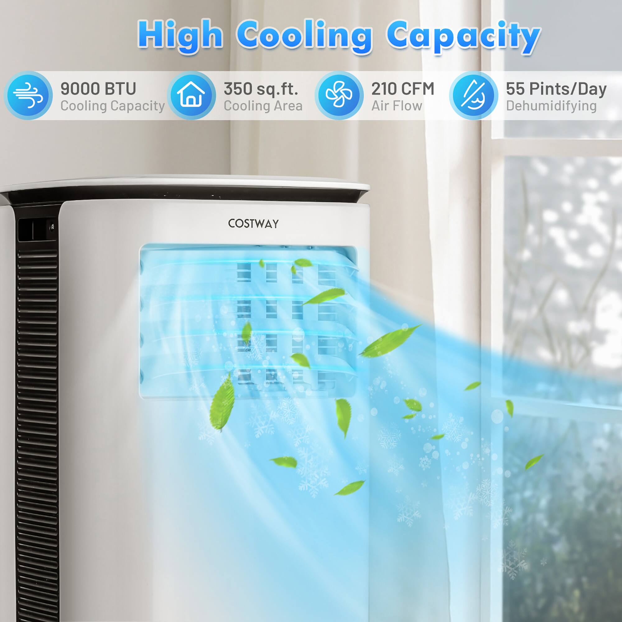 High Cooling Capacity 9000 BTU 350 sq.ft. 210 CFM 55 Pints/Day Cooling Capacity Cooling Area Air Flow Dehumidifying 4 COSTWAY