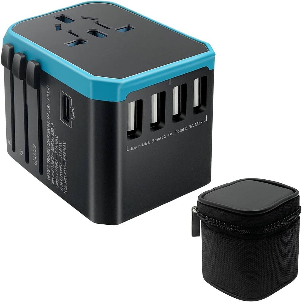 Schertz - Universal Travel Adapter w/ 5 USB Ports & AC Outlet – UK/EU/Asia, Blue - Black