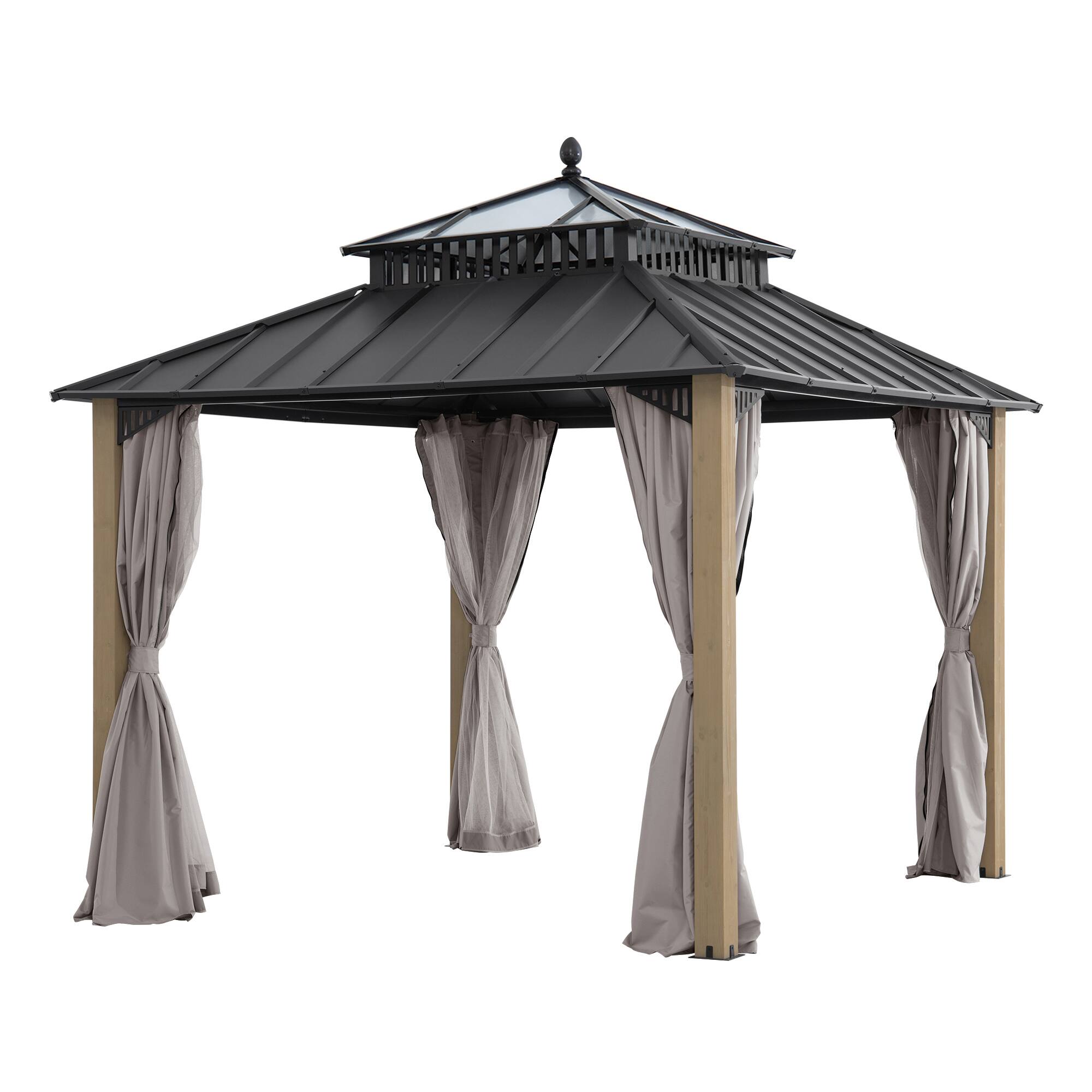 Angle. SUNJOY - SUNJOY Kingston 10x10 Gazebo|Steel & PC Roof Hardtop Gazebo with Curtain and Netting - Cedar Posts - Black.