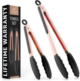 Zulay Kitchen - Stainless Steel Locking Cooking Tongs with Silicone Tips - Set of 2 (9” & 12”) - Rose Gold Black