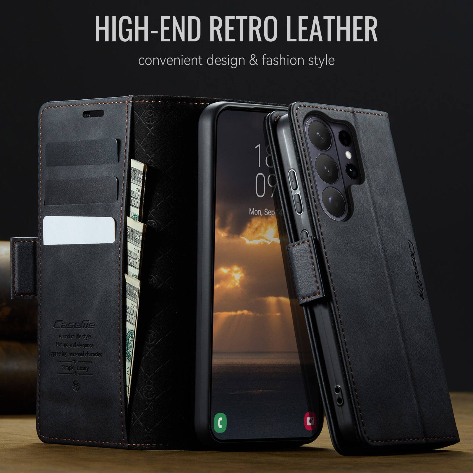 HIGH-END RETRO LEATHER  
convenient design & fashion style  

Caseie  
A brand of life style  
Nature and elegance  
Expressing personal character  
Simple Luxury  

18  
09  
Mon, Sep 14