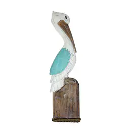 Chesapeake Bay - Hand Carved Wood Pelican Wall Plaque Coastal Rope Accent 24 Inch - Aqua