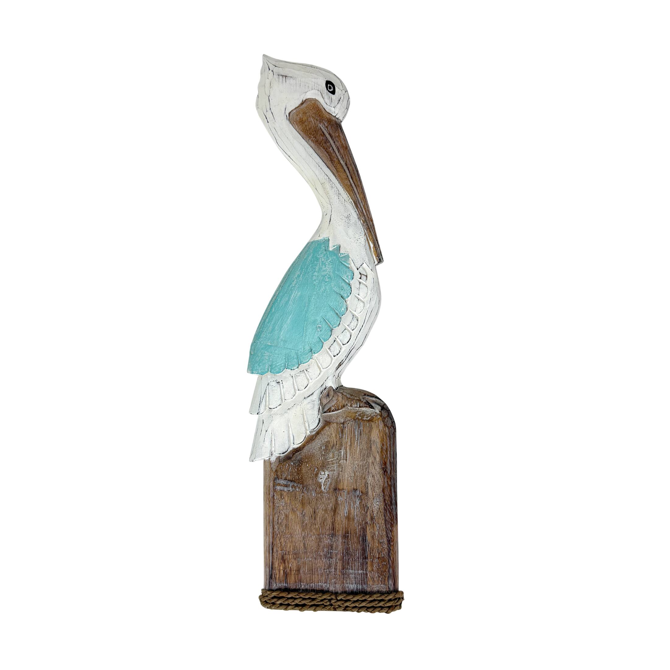 Front. Chesapeake Bay - Hand Carved Wood Pelican Wall Plaque Aqua Coastal Rope Accent 24 Inch - Aqua.