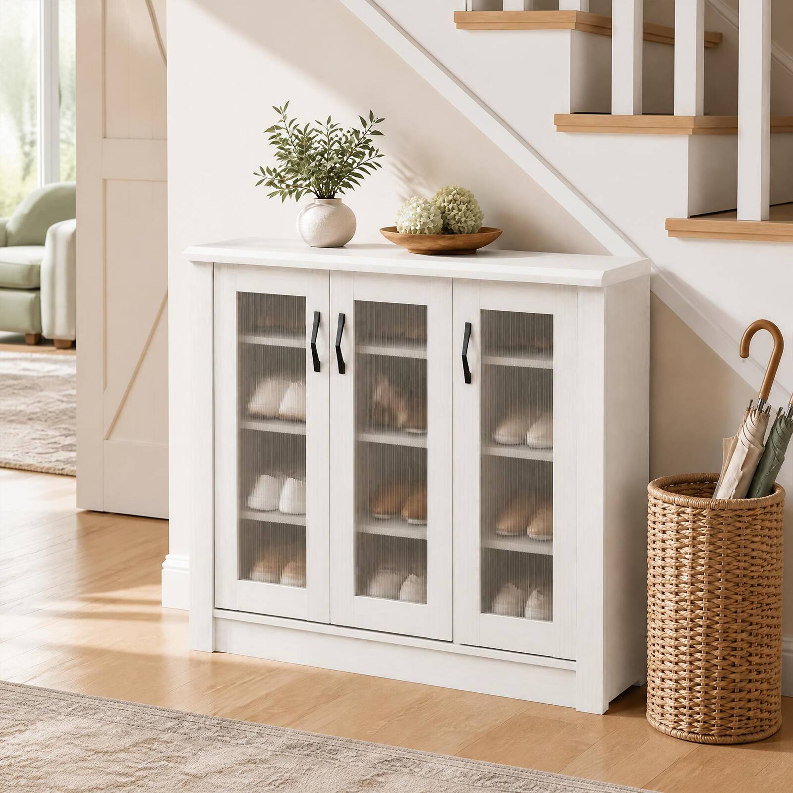 Alt View 3. Costway - Costway 3-Door Shoe Cabinet with Removable Shelves, Fluted Transparent Doors, Cable Holes - 3-Door White.