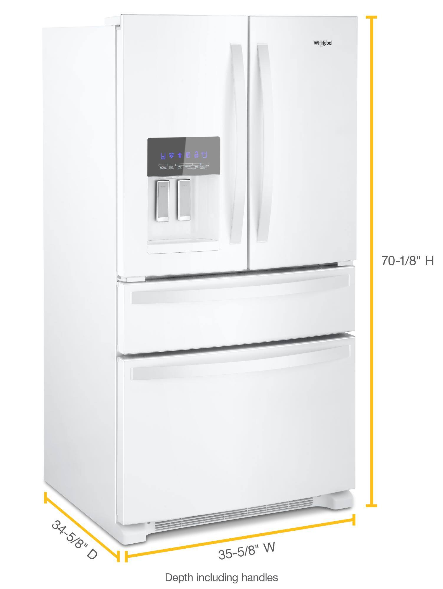 Whirlpool 1.8 cu. ft. top-freezer refrigerator with water dispenser and ice dispenser. The dimensions are 70-1/8" H, 34-5/8" D, and 35-5/8" W.