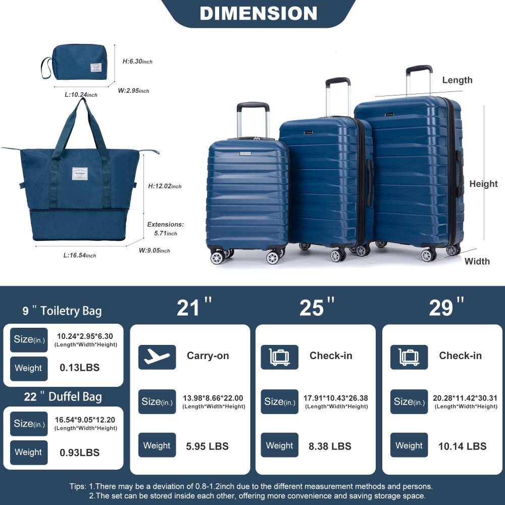 **DIMENSION**

- **9" Toiletry Bag**
  - Size (in.): 10.24" x 2.95" x 6.30" (Length x Width x Height)
  - Weight: 0.13 LBS

- **21" Carry-on**
  - Size (in.): 13.98" x 8.66" x 22.00" (Length x Width x Height)
  - Weight: 5.95 LBS

- **22" Duffel Bag**
  - Size (in.): 16.54" x 9.05" x 12.20" (Length x Width x Height)
  - Weight: 0.93 LBS

- **25" Check-in**
  - Size (in.): 17.91" x 10.43" x 26.38" (Length x Width x Height)
  - Weight: 8.38 LBS

- **29" Check-in**
  - Size (in.): 20.28" x 1