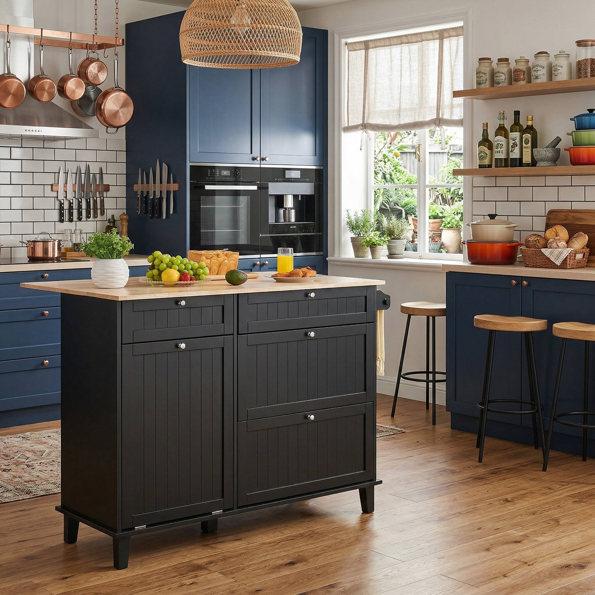 Alt View 1. Forest'nSky - Kitchen Cart with Trash Cabinet, Rolling Island with Drawer and Shelves, Stainless Steel Top Serving Cart - Black.