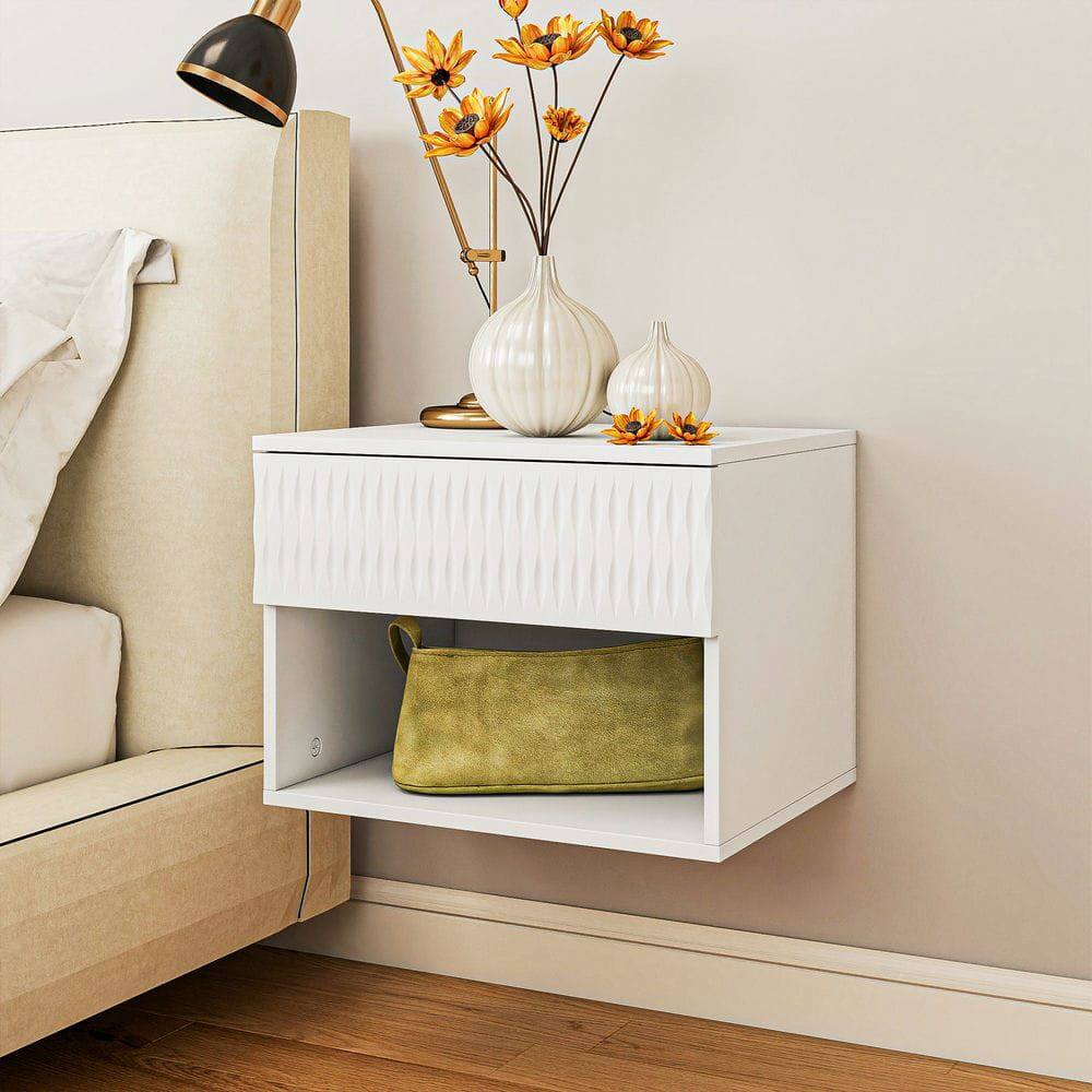 Alt View 10. Kadyn - Twist-Textured Double-Mounted Wall-Mounted Floating Nightstand with Drawer for Bedroom - White - White.