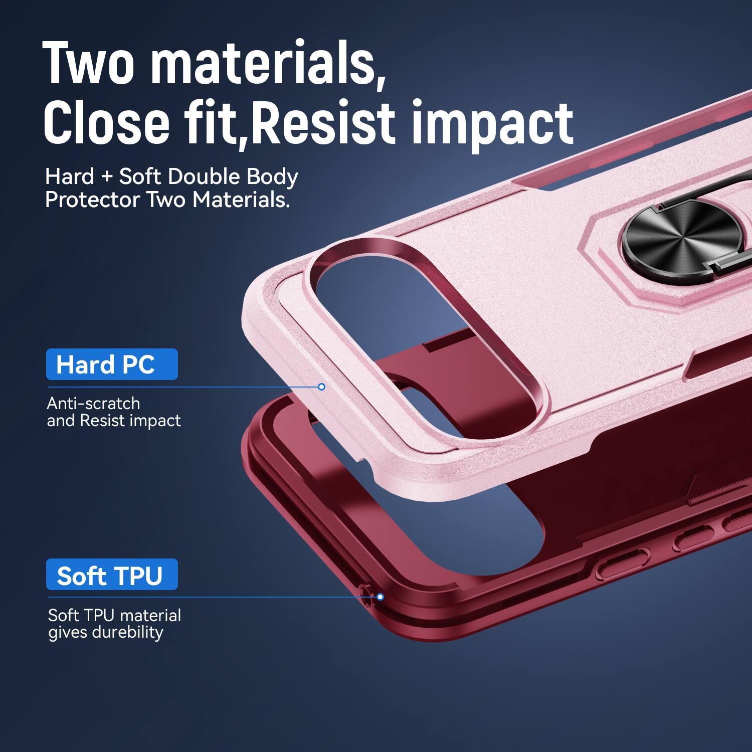 Two materials, Close fit, Resist impact  
Hard + Soft Double Body Protector Two Materials.  
Hard PC  
Anti-scratch and Resist impact  
Soft TPU  
Soft TPU material gives durability