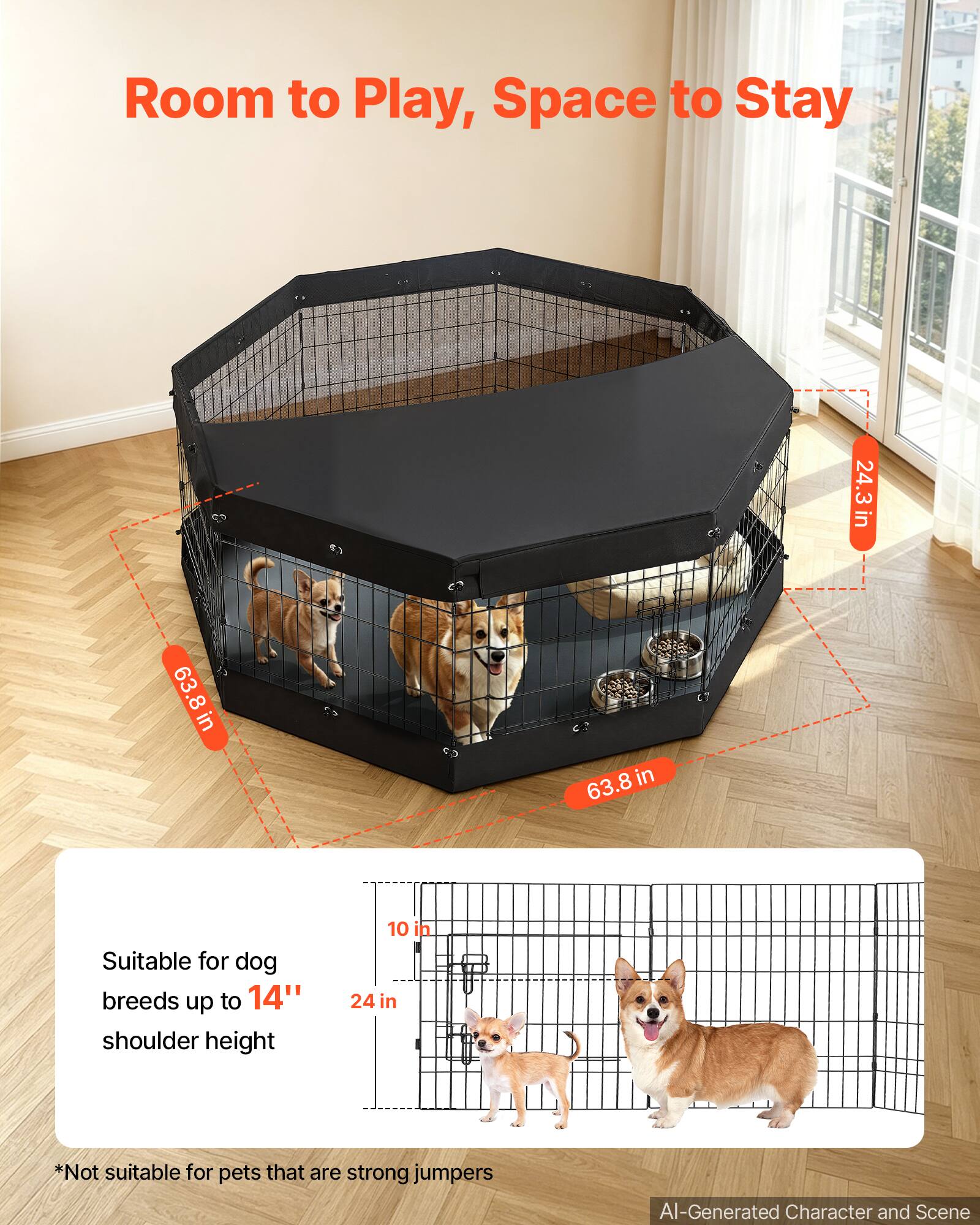 Room to Play, Space to Stay

24.3 in x 63.8 in x 63.8 in

Suitable for dog breeds up to 14" shoulder height

*Not suitable for pets that are strong jumpers

AI-Generated Character and Scene