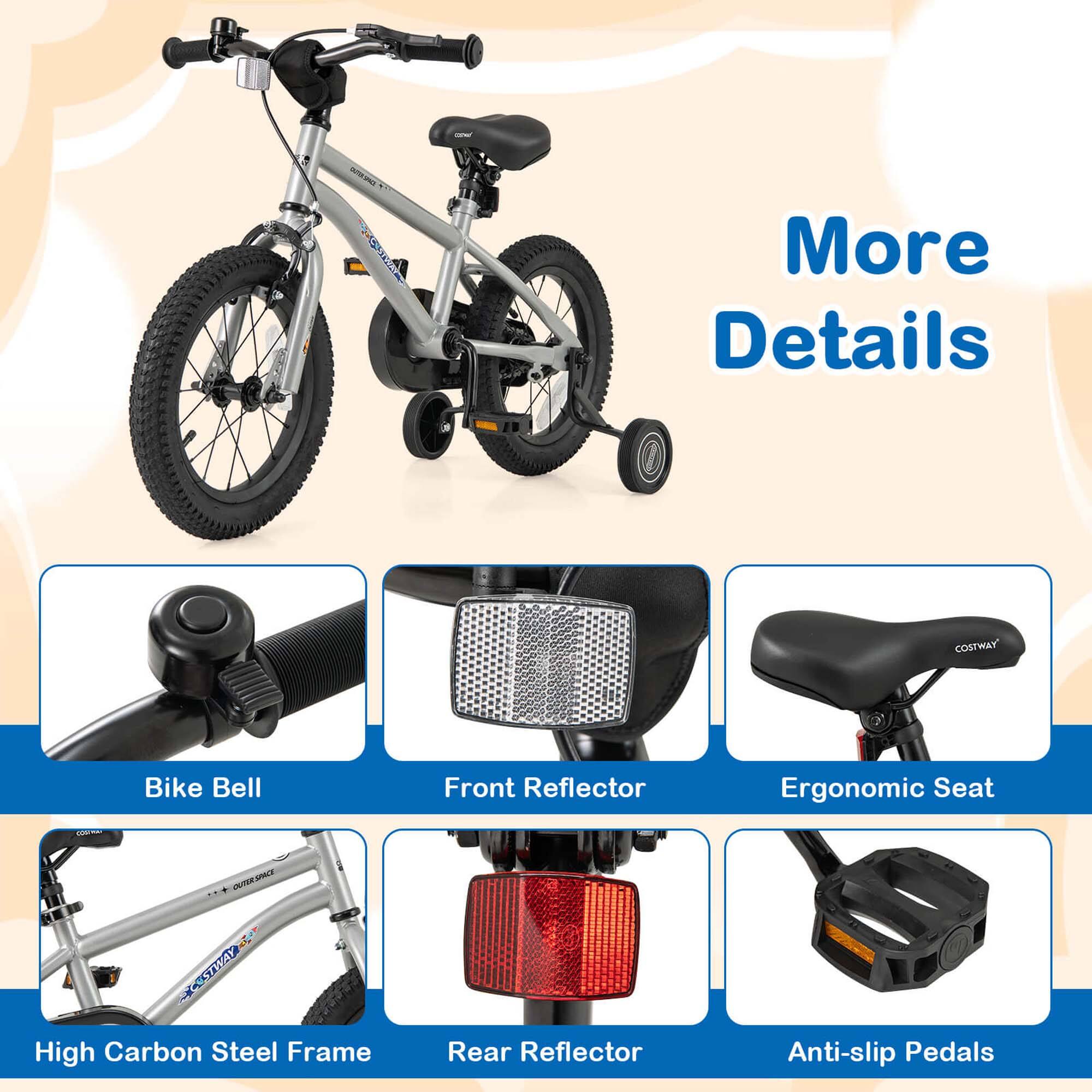 - More Details
- COSTWAY Bike Bell
- Front Reflector
- Ergonomic Seat
- High Carbon Steel Frame
- Rear Reflector
- Anti-slip Pedals