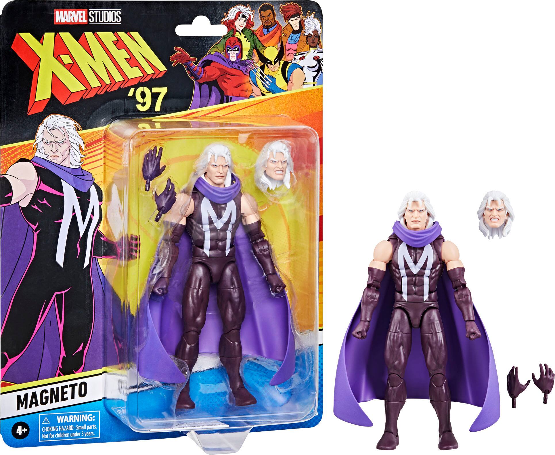 The image features a Marvel Studios X-Men '97 action figure set. The set includes a Magneto figure and a Magneto head. The figures are in their original packaging, with the Magneto figure wearing a purple cape. The warning on the packaging indicates that the small parts in the toy may pose a choking hazard and are not suitable for children under the age of 4.