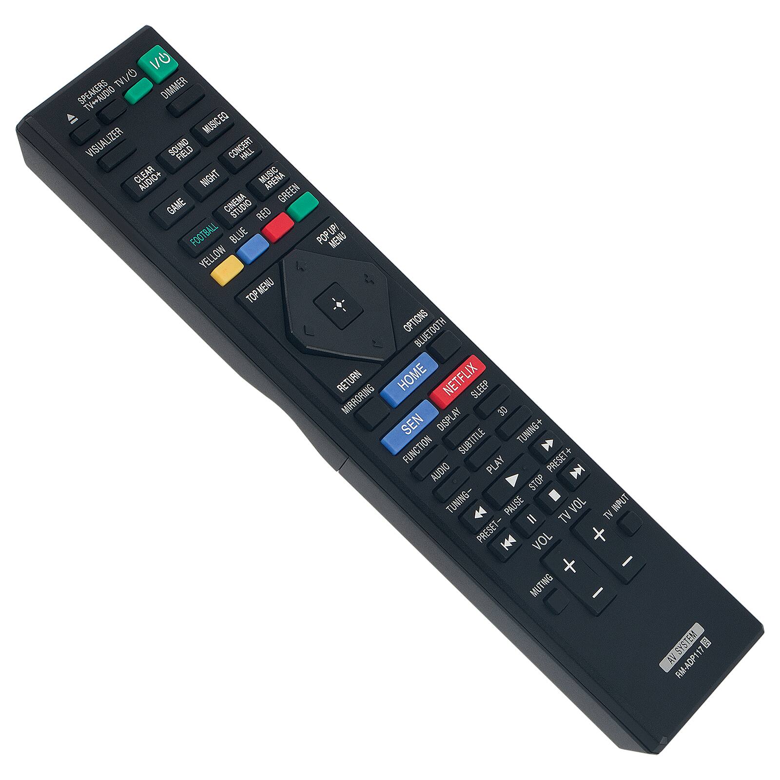 ON TV/O DIMMER SPEAKERS MUSIC EO VISUALIZER SOUND FIELD CONCERT HALL CLEAR AUDIO+ THEN MUSIC ARENA CINEMA GREEN GAME STUDIO RED FOOTBALL BLUE POP/UP LPI MENU YELLOW TOP MENU OPTIONS BLUETOOTH RETURN HOME NETFLIX SLEEP MIRRORING 30 SEC DISPLAY TUNING+ FUNCTION SUBTITLE AUDIO PLAY PRESET+ STOP TUNING- PAUSE VOL = TV PRESET- VOL MUTING INPUT TV SYSTEM - 17 AV RM-ADP1