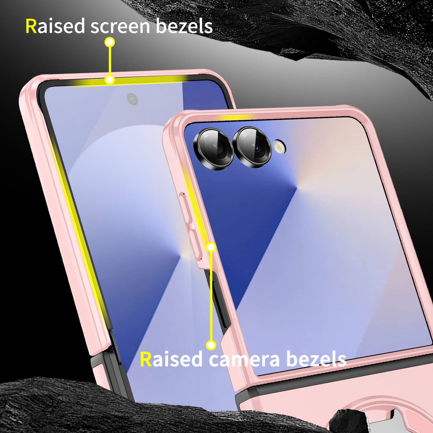 Raised screen bezels  
Raised camera bezels