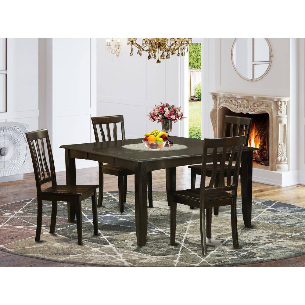 Back. East West Furniture - 5 Pc Dining room set for 4-Table with Leaf and 4 Kitchen Chairs. - Cappuccino.