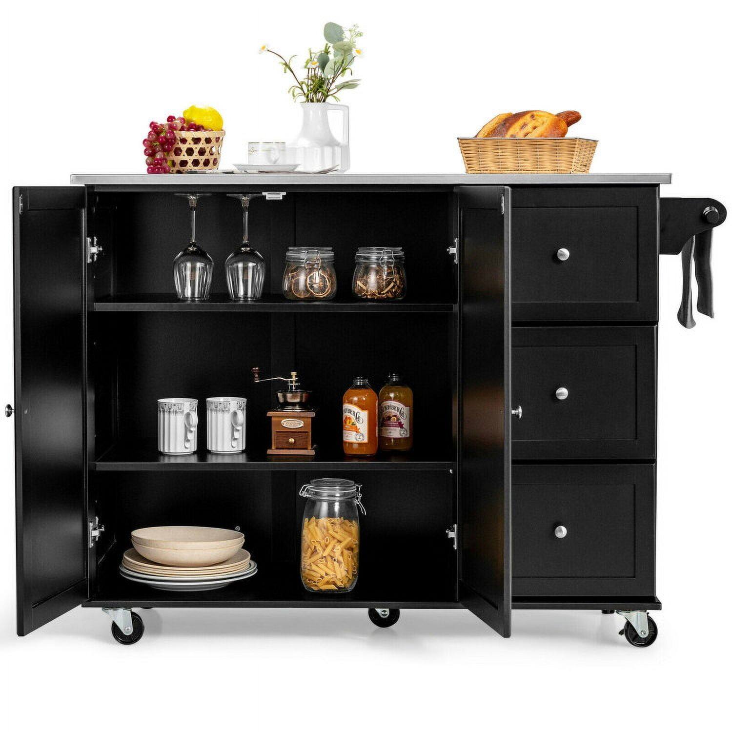 Angle. Kadyn - Kitchen Island 2-Door Storage Cabinet with Drawers and Stainless Steel Top-Black, Kitchen Island, Island Table - Black.