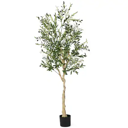 Front. Gymax - Gymax Artificial Olive Tree 6 FT Tall Faux Olive Plants for Indoor and Outdoor - Green.