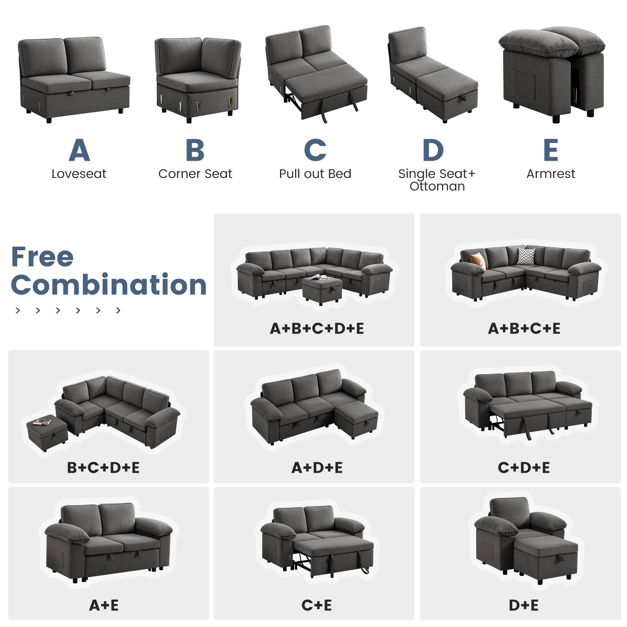 A Loveseat  
B Corner Seat  
C Pull out Bed  
D Single Seat+ Ottoman  
E Armrest  

Free Combination  
A+B+C+D+E  
A+B+C+E  
B+C+D+E  
A+D+E  
C+D+E  
A+E  
C+E  
D+E