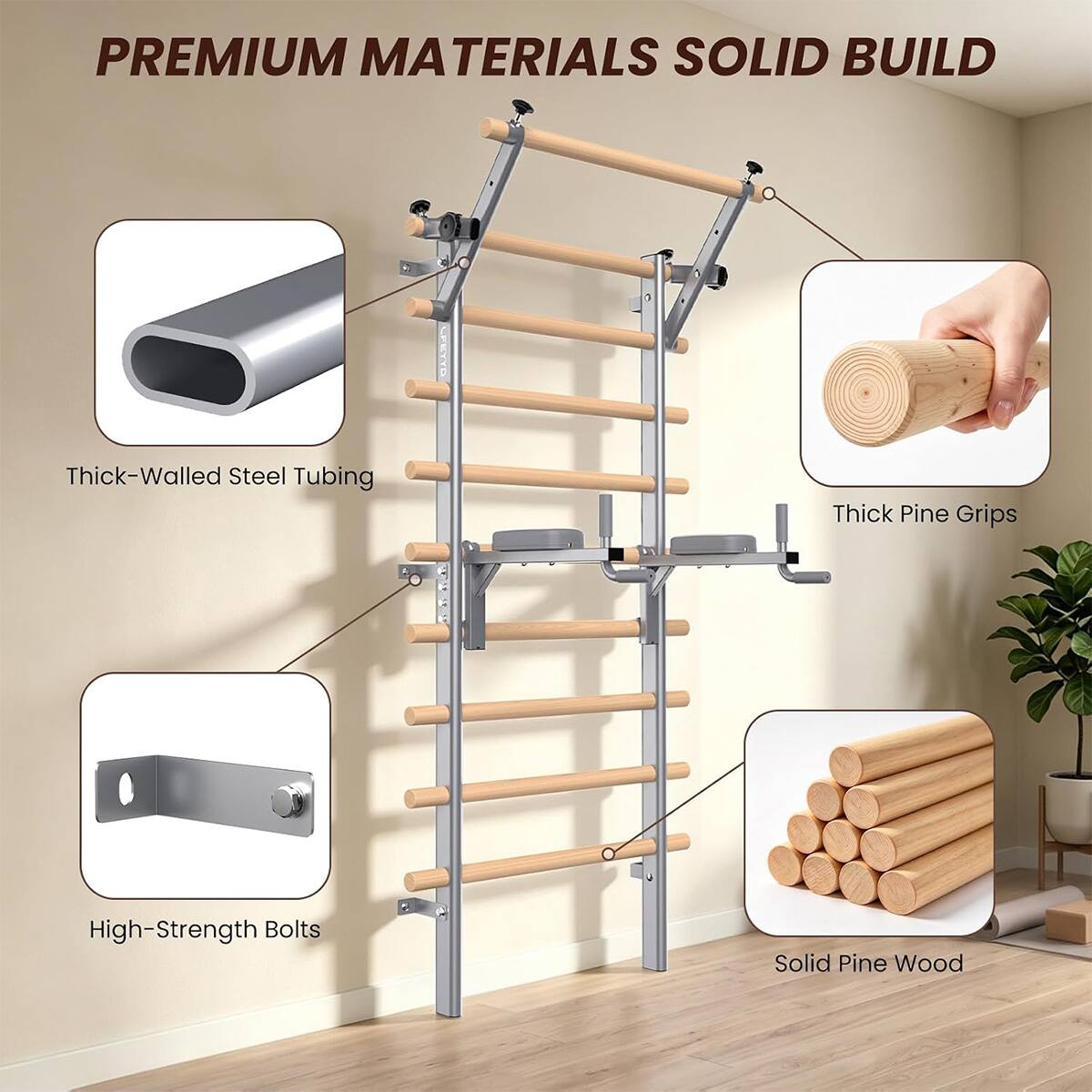PREMIUM MATERIALS SOLID BUILD

- Thick-Walled Steel Tubing
- Thick Pine Grips
- High-Strength Bolts
- Solid Pine Wood