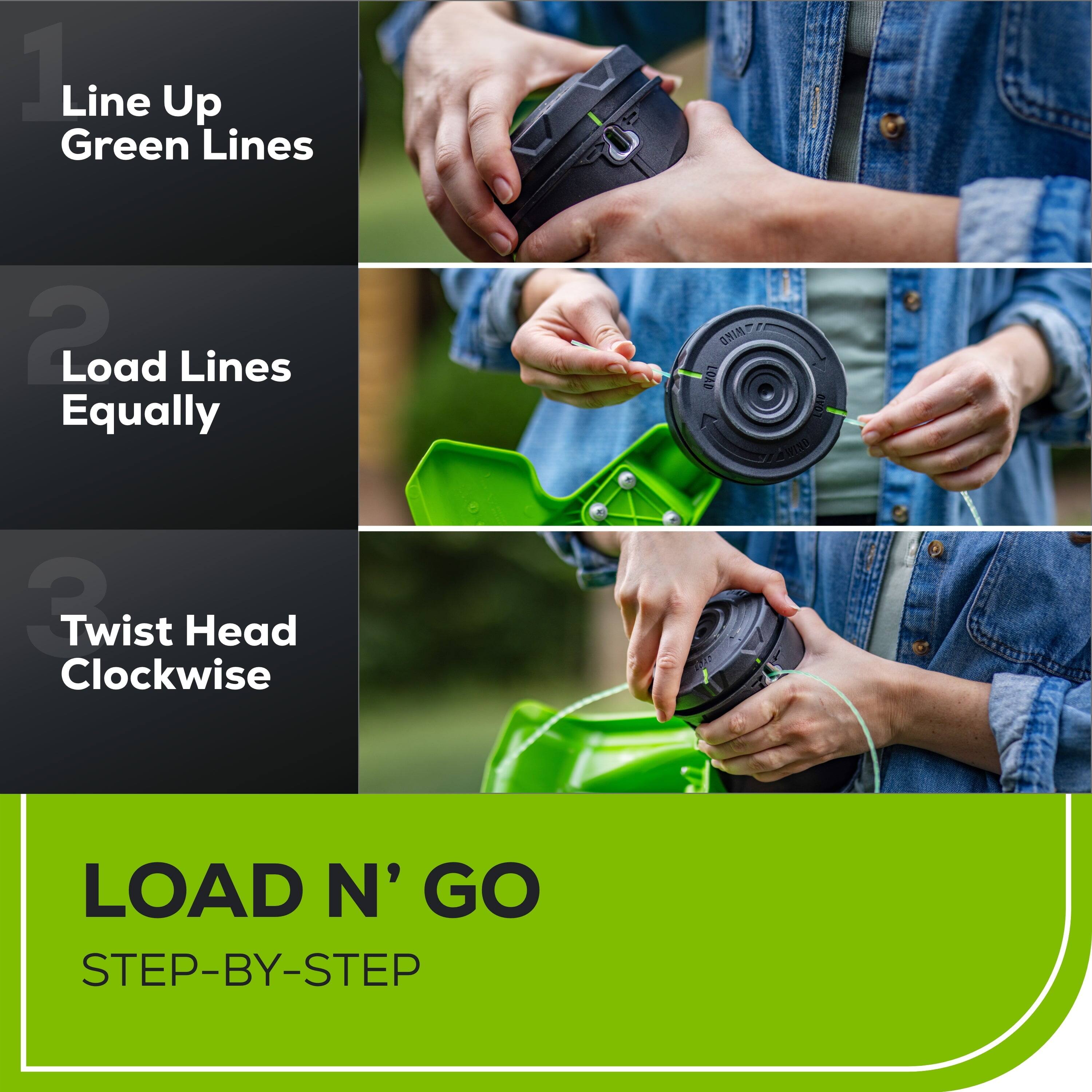 1. Line Up Green Lines  
2. Load Lines Equally  
3. Twist Head Clockwise  

LOAD N' GO  
STEP-BY-STEP