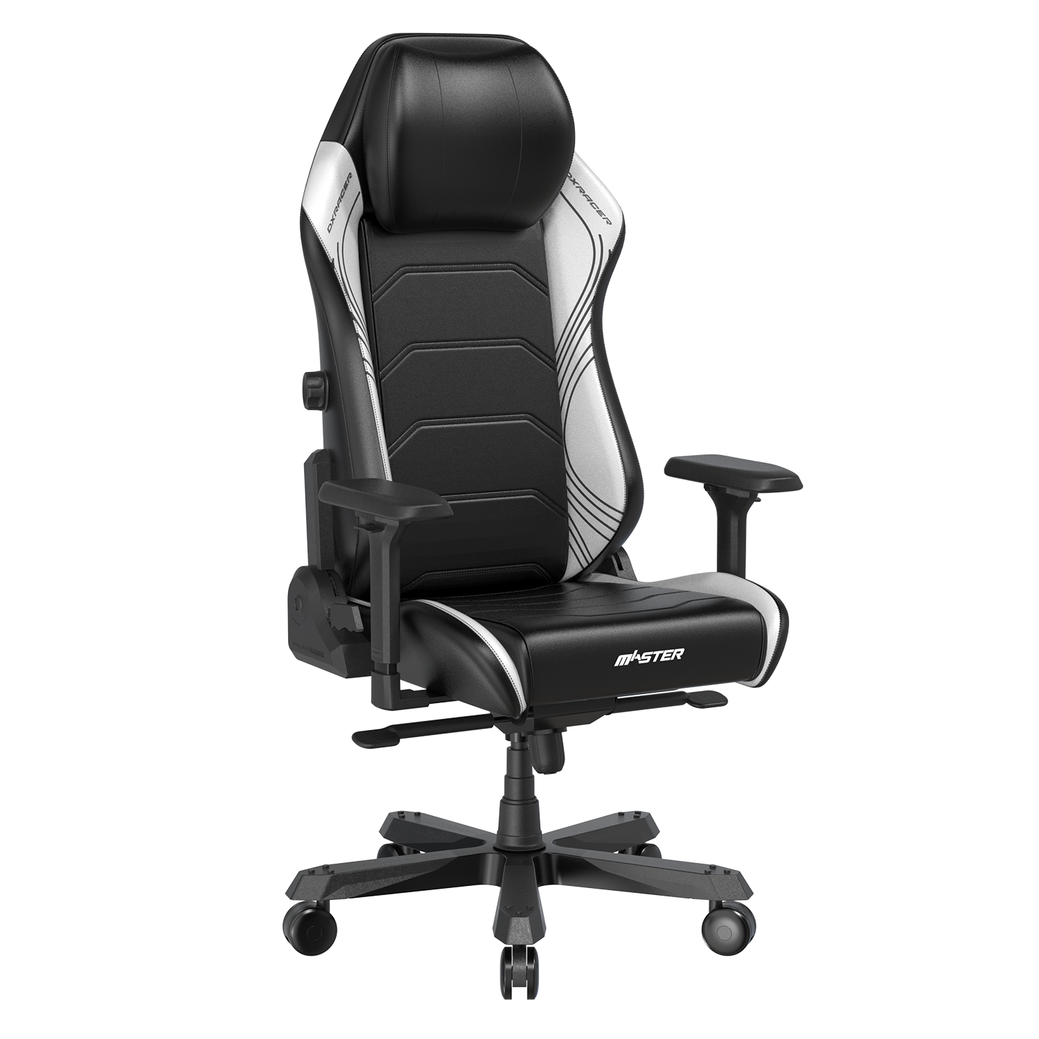 Angle. DXRacer - DXRacer Master Series Gaming Chair – Black with lines, Premium PU Leather with Built-In Lumbar Support & 4D Armrests - Black and White.